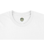 White t-shirt with a small logo on the collar against a white background