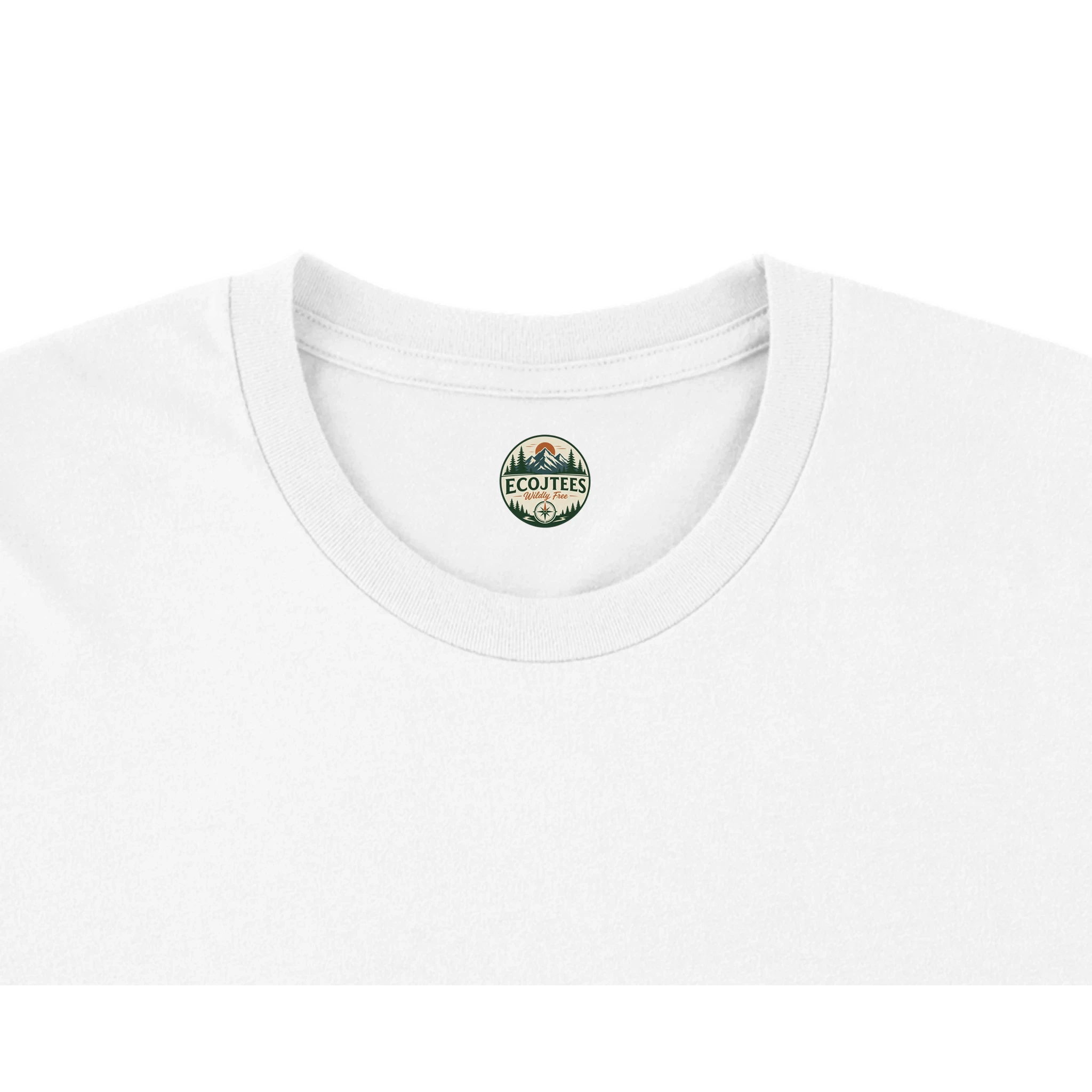 White t-shirt with a small logo on the collar against a white background