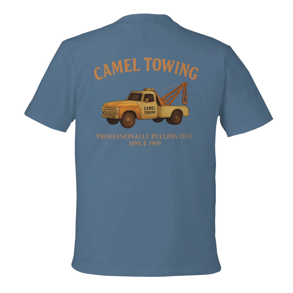 Blue t-shirt with a graphic of a yellow towing truck and text on the back, on a white background.