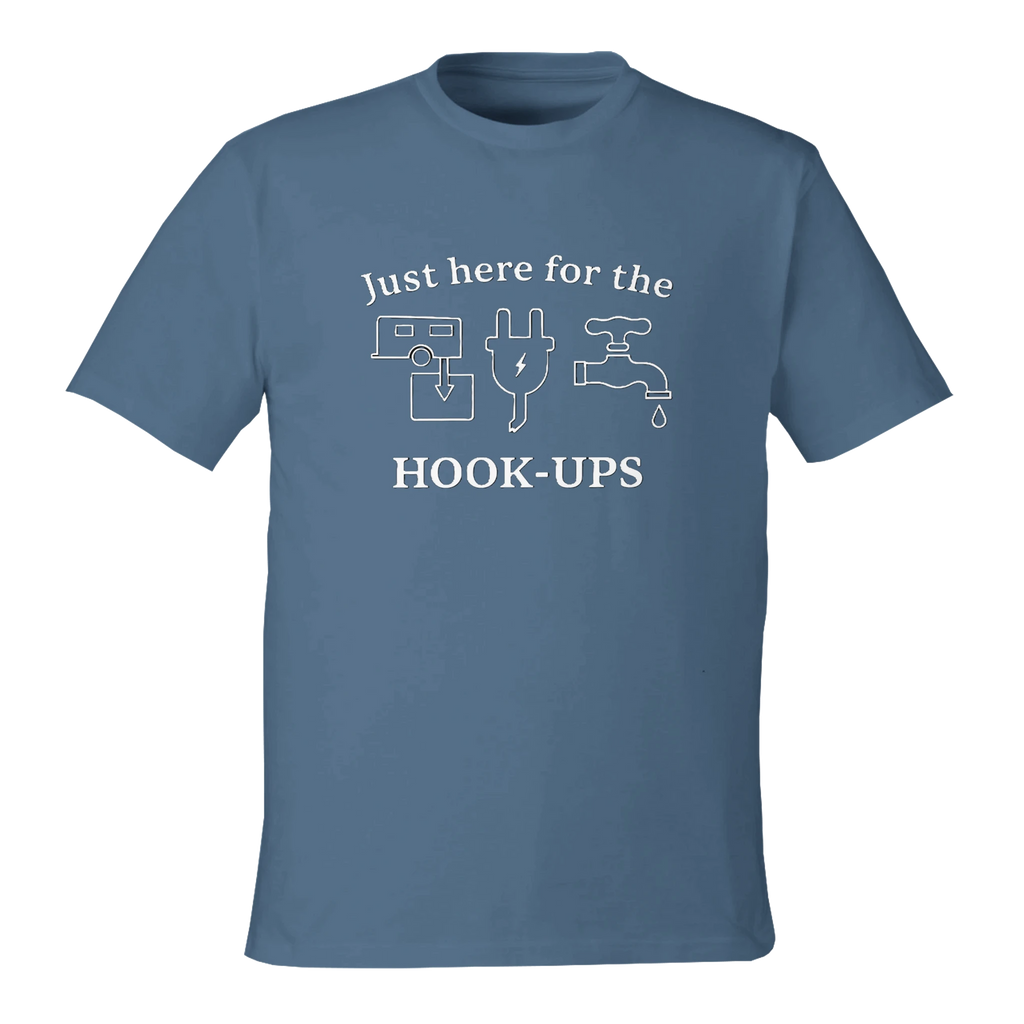Front view of Light Blue eco-friendly t-shirt with RV-themed graphic reading 'Just Here for the HOOK-UPS'