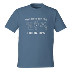 Front view of Light Blue eco-friendly t-shirt with RV-themed graphic reading 'Just Here for the HOOK-UPS'