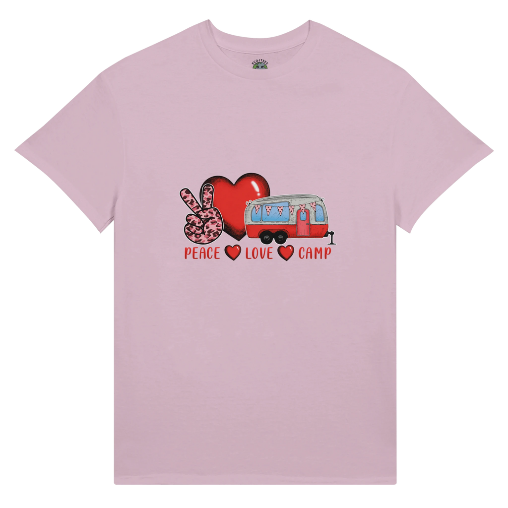 Pink t-shirt with a graphic of a heart, peace sign, and camper van from the Love Collection on a white background
