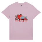 Pink t-shirt with a graphic of a heart, peace sign, and camper van from the Love Collection on a white background