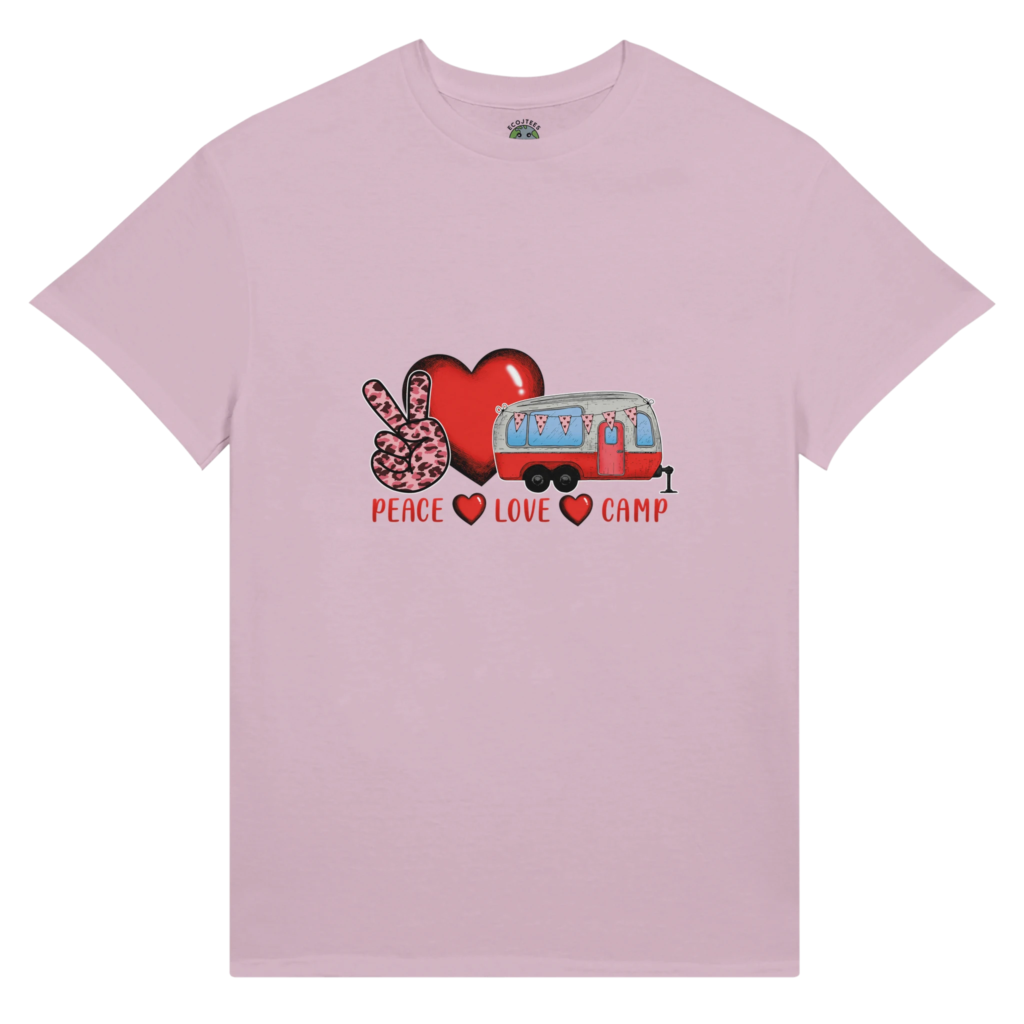 Pink t-shirt with a graphic of a heart, peace sign, and camper van from the Love Collection on a white background