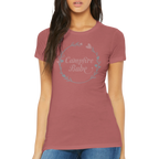 Woman wearing a maroon t-shirt with 'Campfire Babe' text on a white background