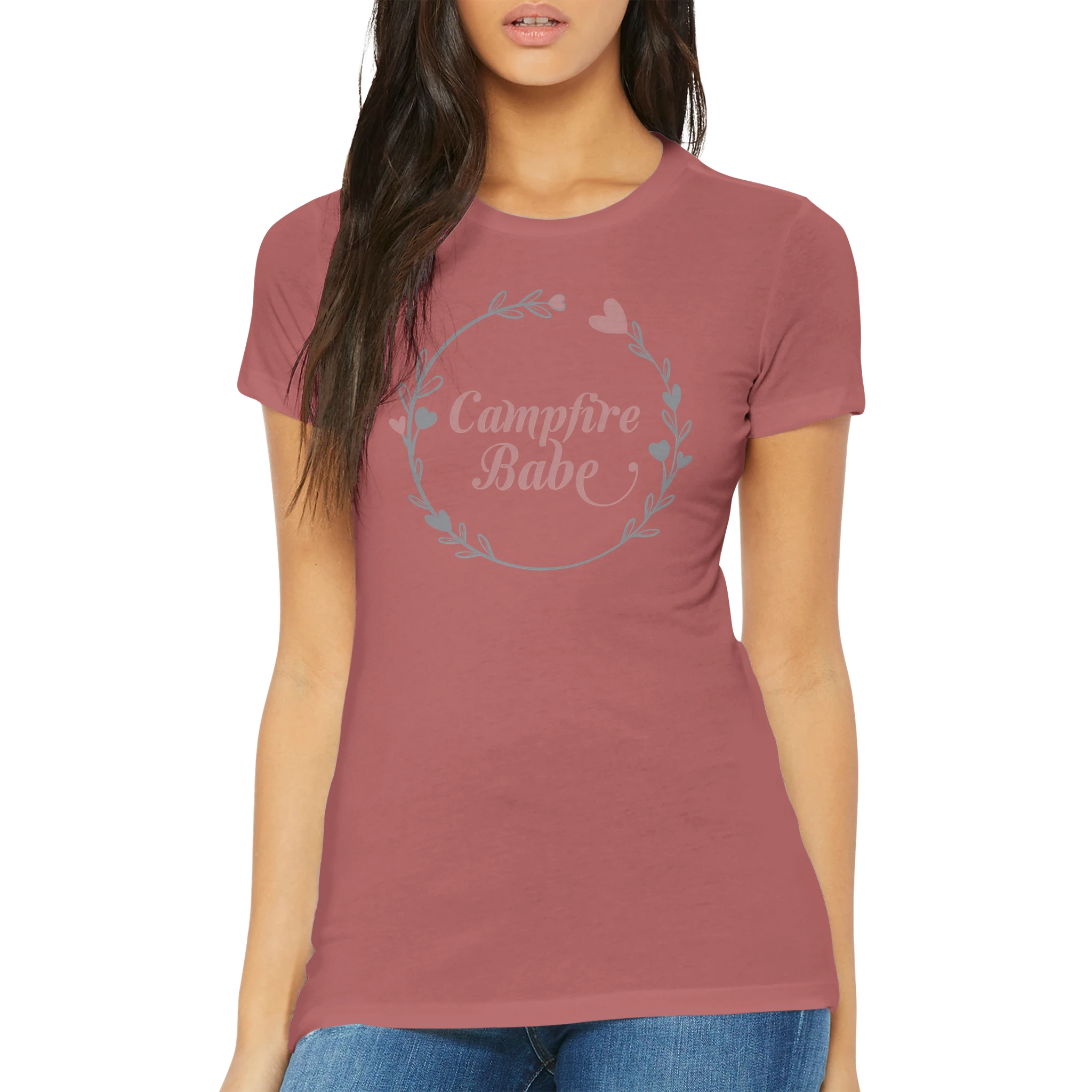 Woman wearing a maroon t-shirt with 'Campfire Babe' text on a white background
