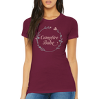 Maroon t-shirt with 'Campfire Babe' design worn by a person on a white background