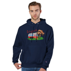 Man wearing a navy hoodie from Love Collection with a graphic design on a white background