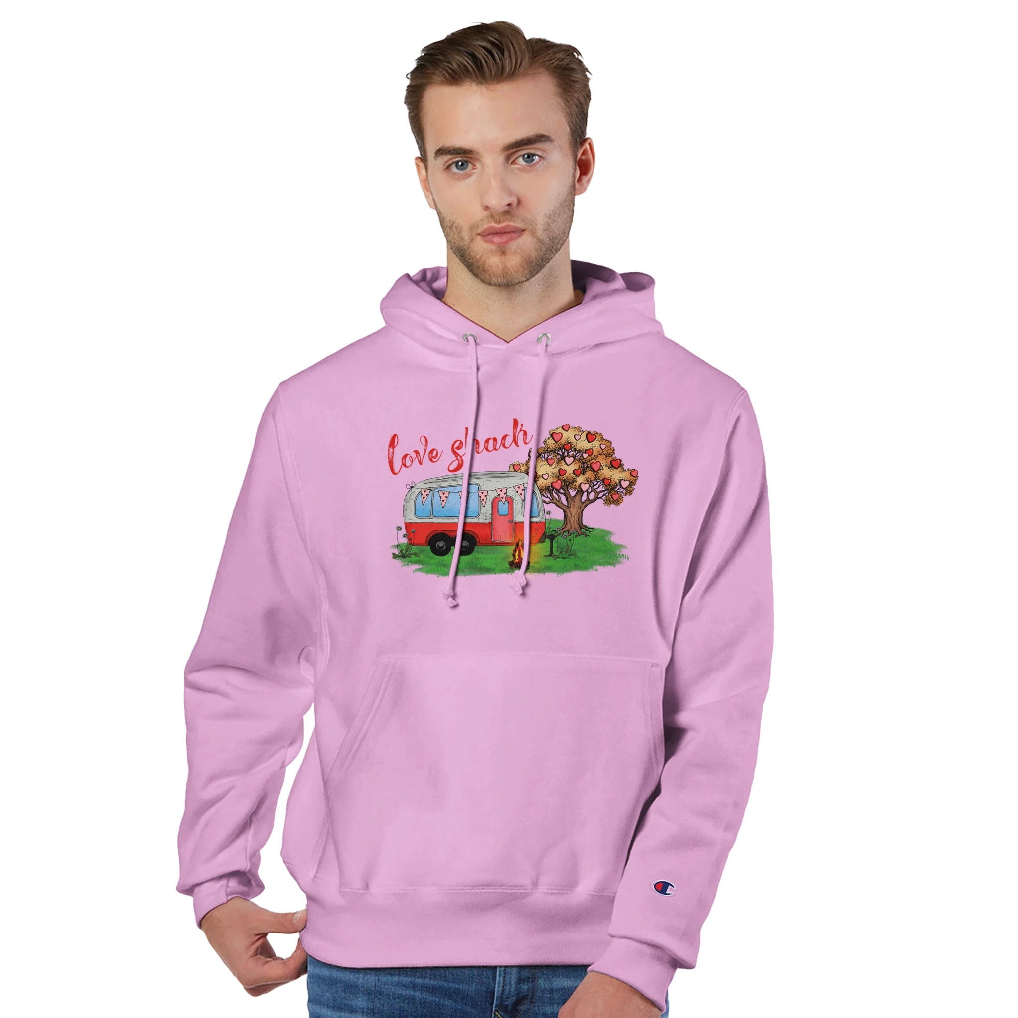 Man wearing a pink hoodie with a graphic design on a white background