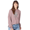 Woman wearing a pink Camper Queen hoodie with text and graphics on a white background