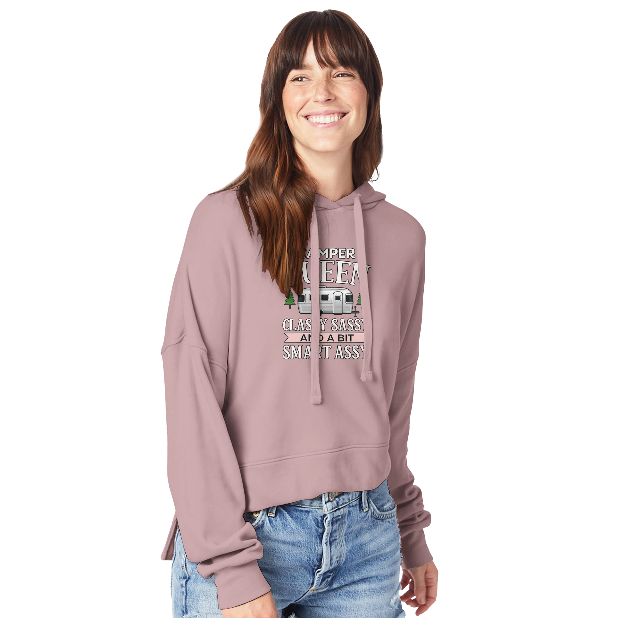 Woman wearing a pink Camper Queen hoodie with text and graphics on a white background