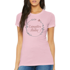 Woman wearing a pink t-shirt with 'Campfire Babe' design on a white background
