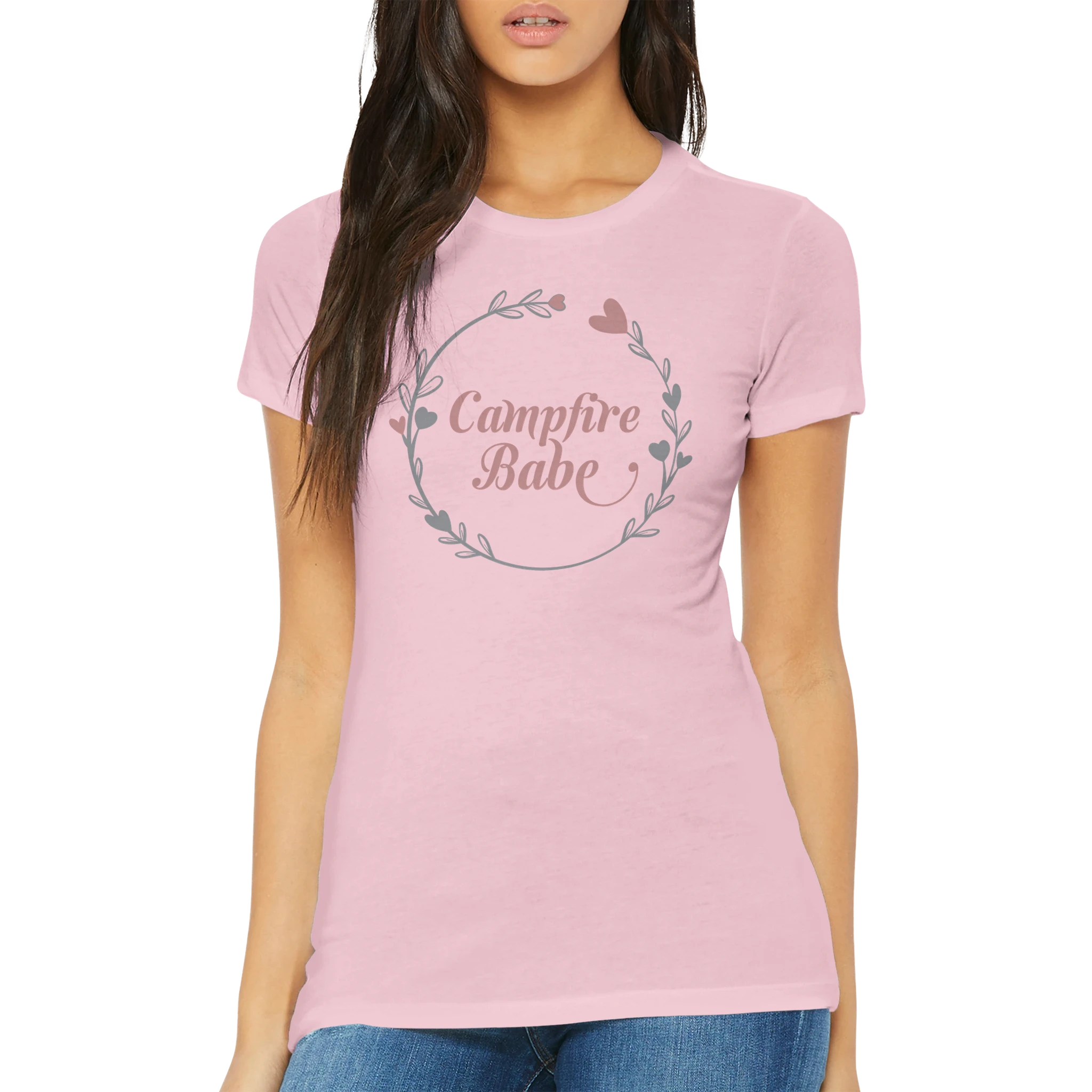 Woman wearing a pink t-shirt with 'Campfire Babe' design on a white background
