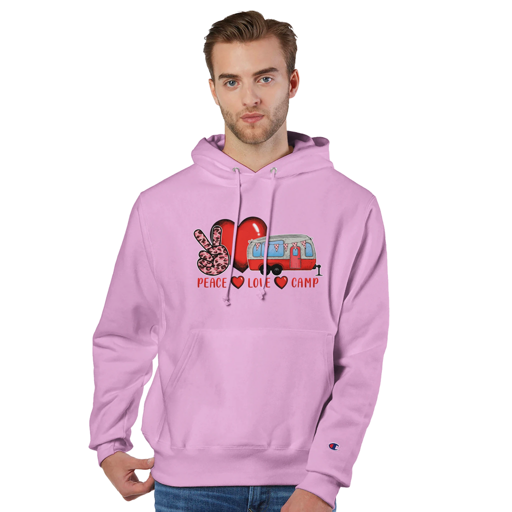 Man wearing a pink hoodie with a graphic design from the Love Collection on a white background