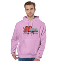 Man wearing a pink hoodie with a graphic design from the Love Collection on a white background