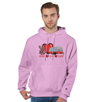 Man wearing a pink hoodie with a graphic design from the Love Collection on a white background