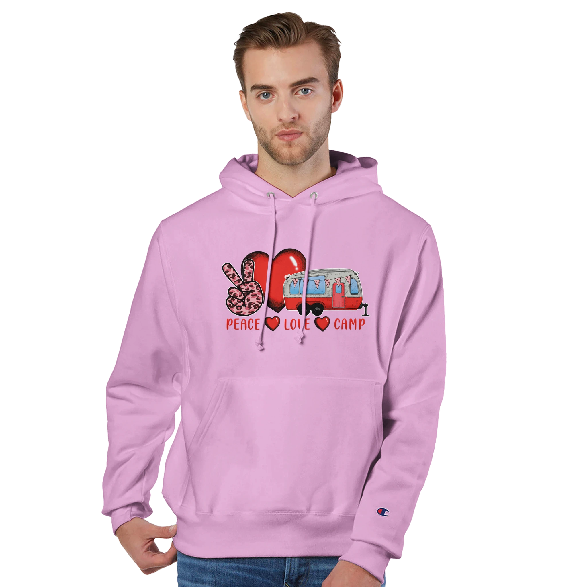 Man wearing a pink hoodie with a graphic design from the Love Collection on a white background