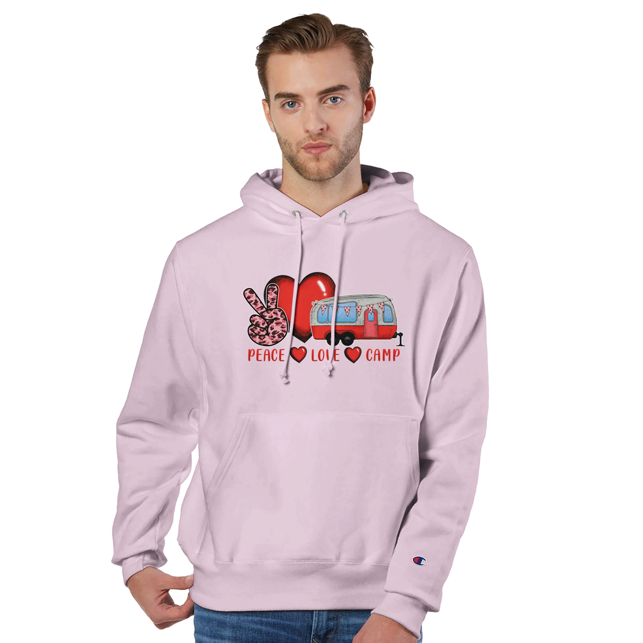 Man wearing a light purple or pink hoodie from the Love Collection with a graphic design on a white background