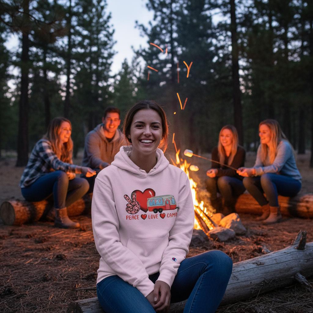 Woman wearing a hoodie with a design sitting by a campfire with friends in a forest setting.