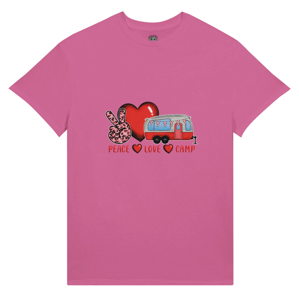 Pink t-shirt with a graphic design of a heart, peace sign, and camper van from the Love Collection on a white background
