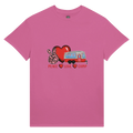 Pink t-shirt with a graphic design of a heart, peace sign, and camper van from the Love Collection on a white background