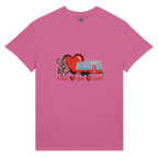 Pink t-shirt with a graphic design of a heart, peace sign, and camper van from the Love Collection on a white background