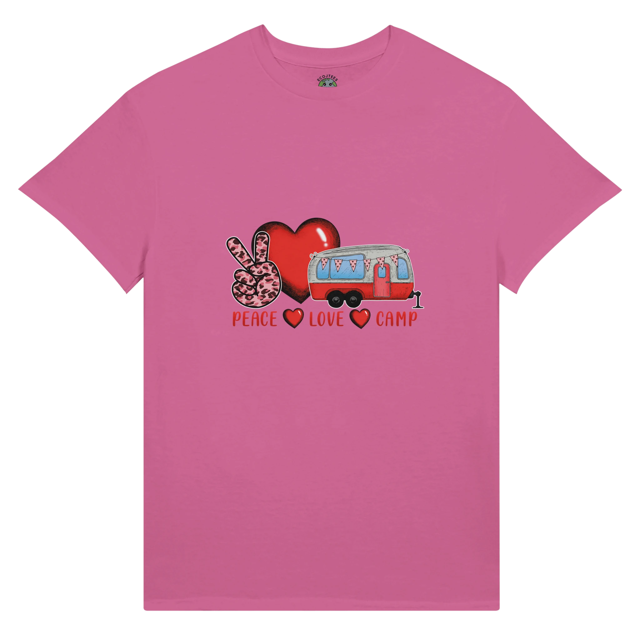 Pink t-shirt with a graphic design of a heart, peace sign, and camper van from the Love Collection on a white background