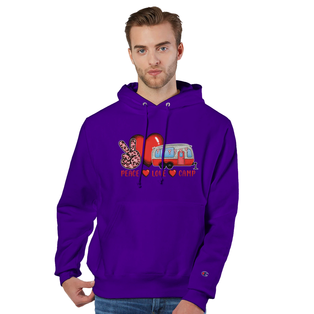 Man wearing a purple hoodie from the Love Collection with a graphic design on a white background