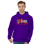 Man wearing a purple hoodie from the Love Collection with a graphic design on a white background