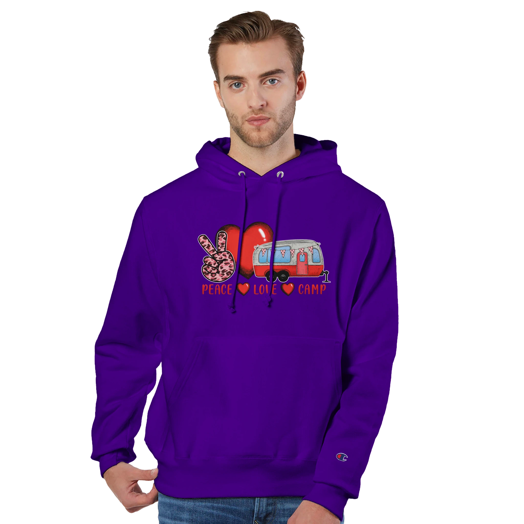 Man wearing a purple hoodie from the Love Collection with a graphic design on a white background