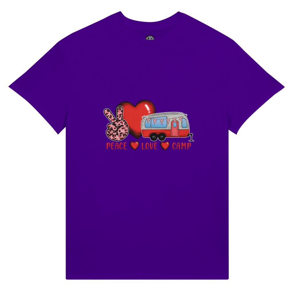 Purple t-shirt with a graphic from the Love Collection of a heart, peace sign, and camper van on a white background