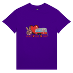 Purple t-shirt with a graphic from the Love Collection of a heart, peace sign, and camper van on a white background