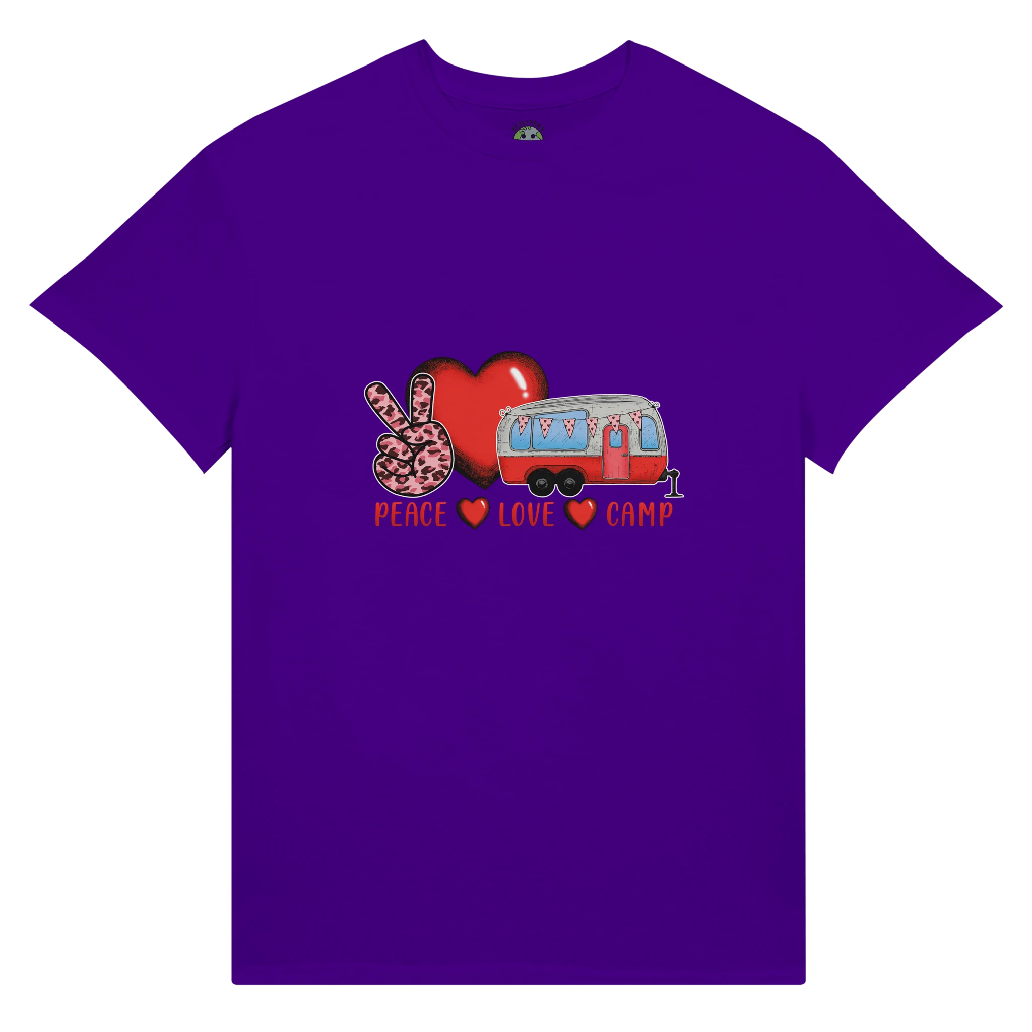 Purple t-shirt with a graphic from the Love Collection of a heart, peace sign, and camper van on a white background