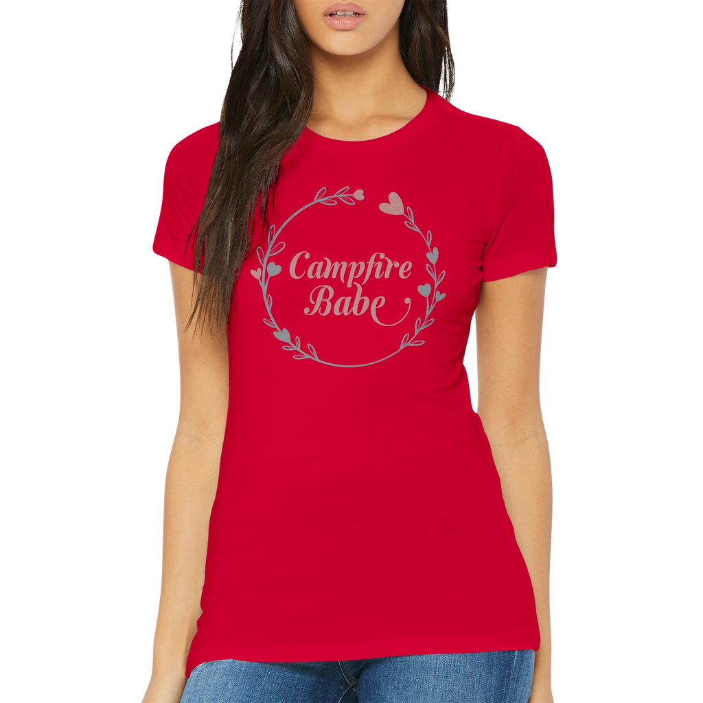 Red t-shirt with 'Campfire Babe' design worn by a woman on a white background