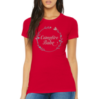 Red t-shirt with 'Campfire Babe' design worn by a woman on a white background