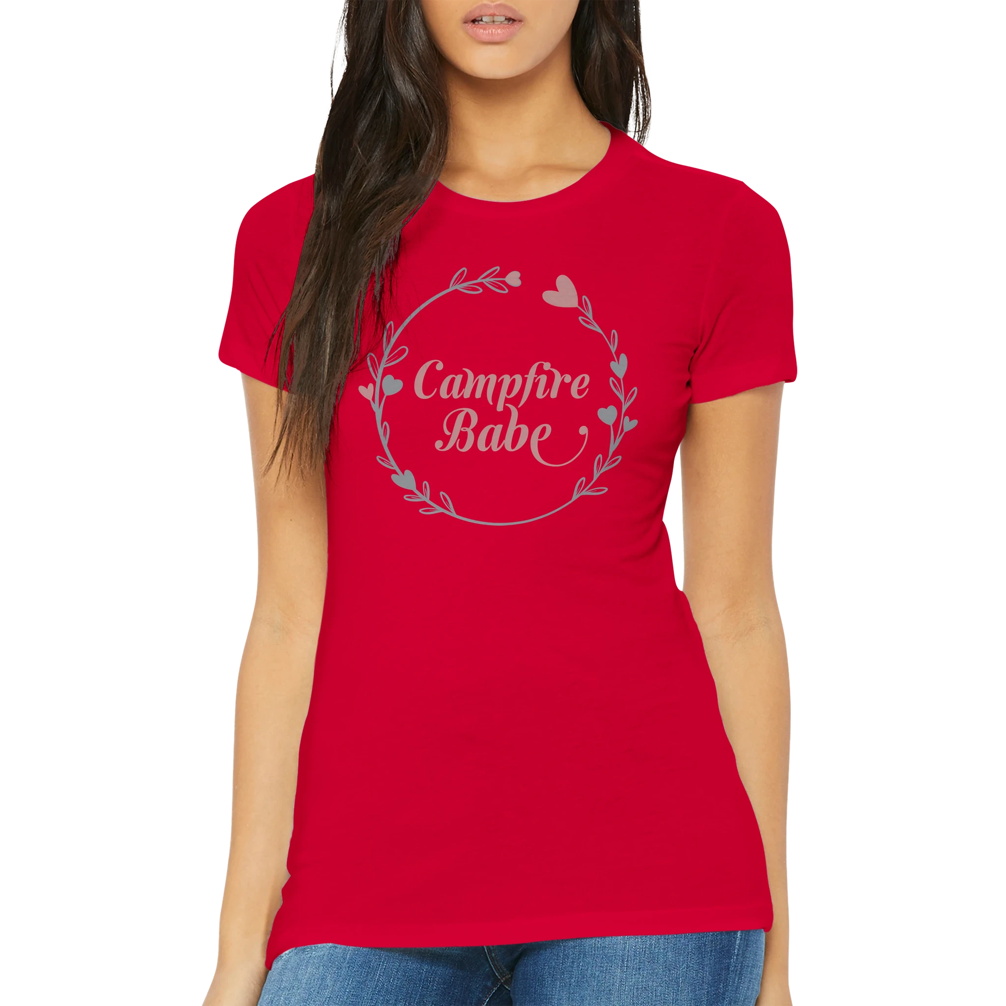 Red t-shirt with 'Campfire Babe' design worn by a woman on a white background