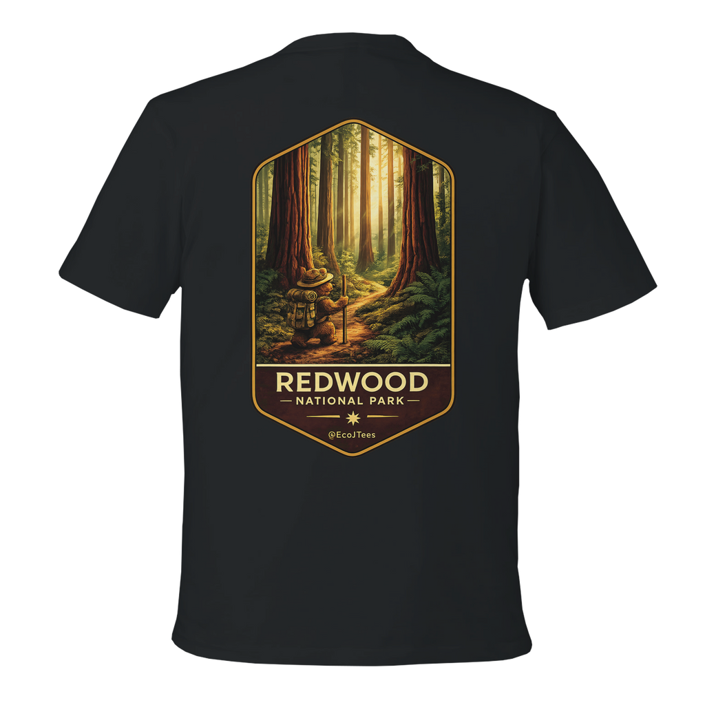Black t-shirt with Redwood National Park graphic on a white background
