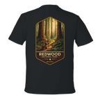 Black t-shirt with Redwood National Park graphic on a white background