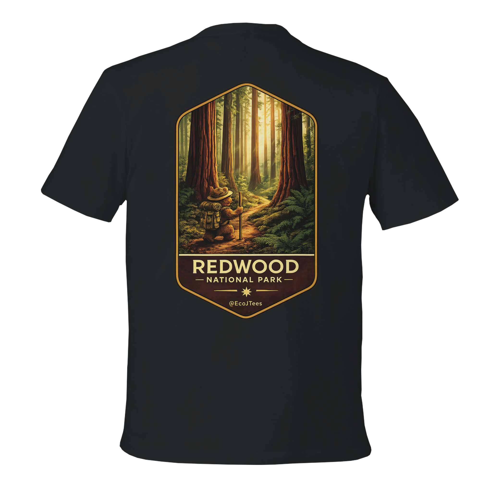 Black t-shirt with Redwood National Park graphic on a white background