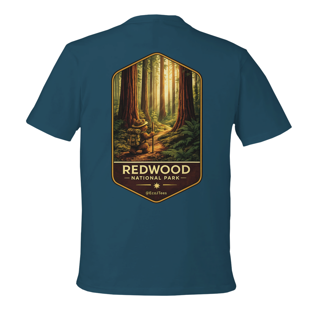 Blue t-shirt with Redwood National Park graphic on a white background
