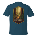 Blue t-shirt with Redwood National Park graphic on a white background