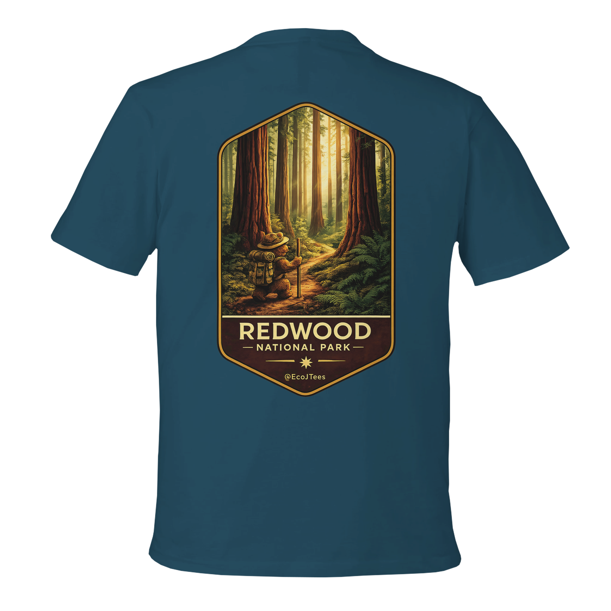Blue t-shirt with Redwood National Park graphic on a white background