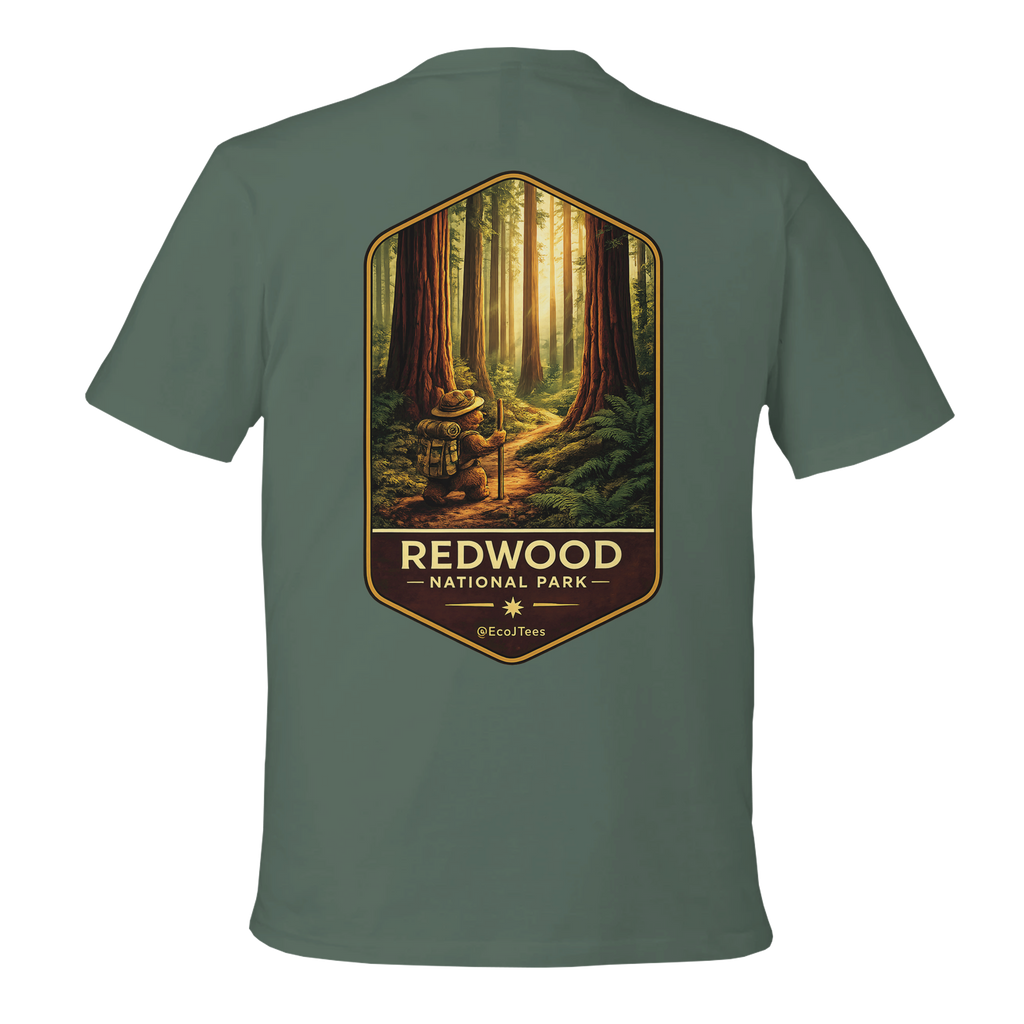 Green t-shirt with Redwood National Park graphic on a white background