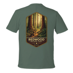 Green t-shirt with Redwood National Park graphic on a white background