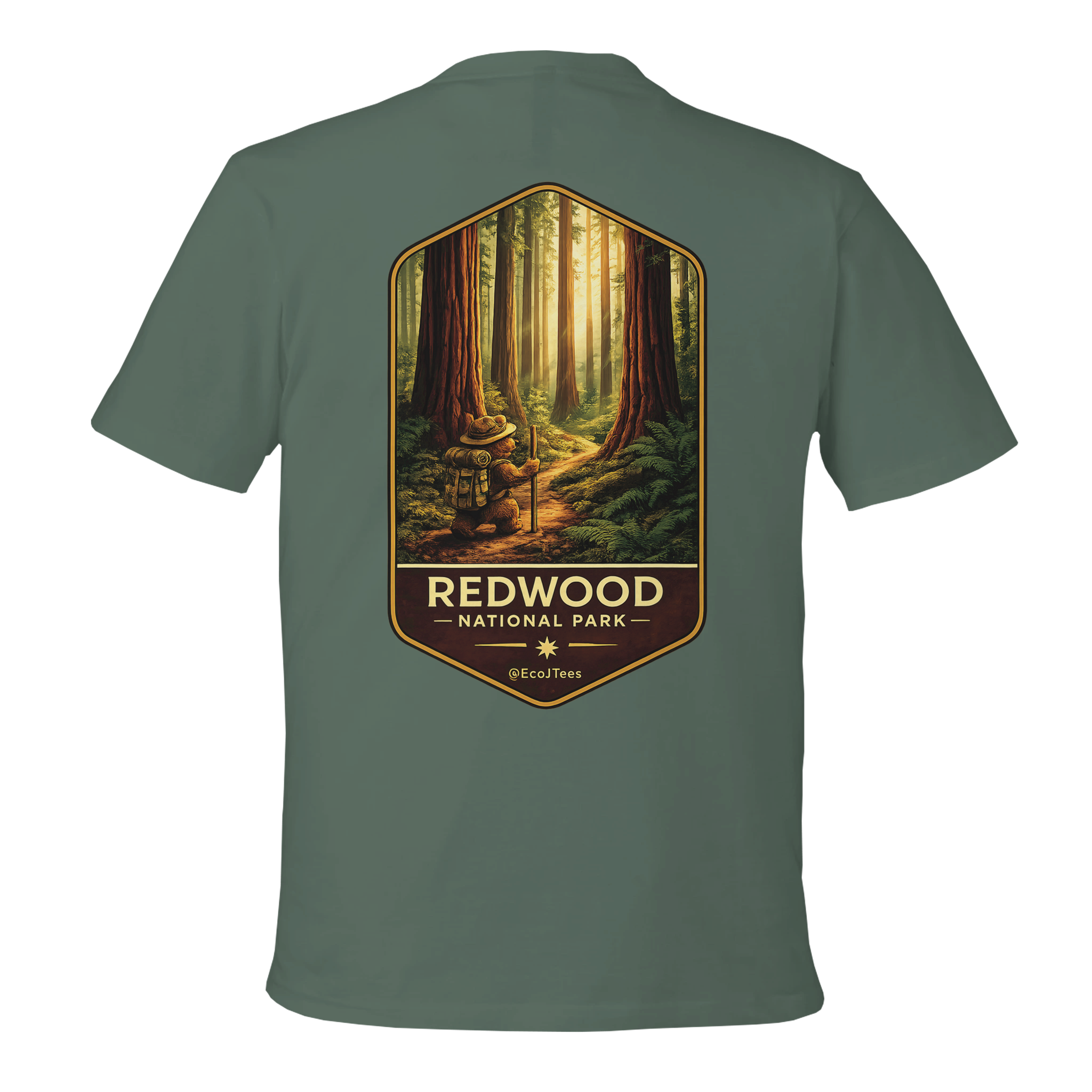 Green t-shirt with Redwood National Park graphic on a white background