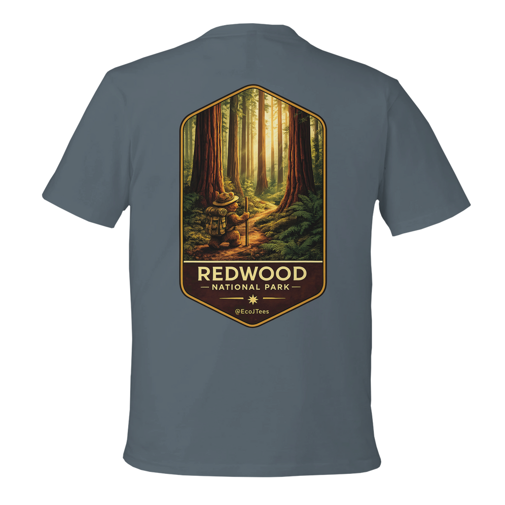 Gray t-shirt with Redwood National Park graphic on the back
