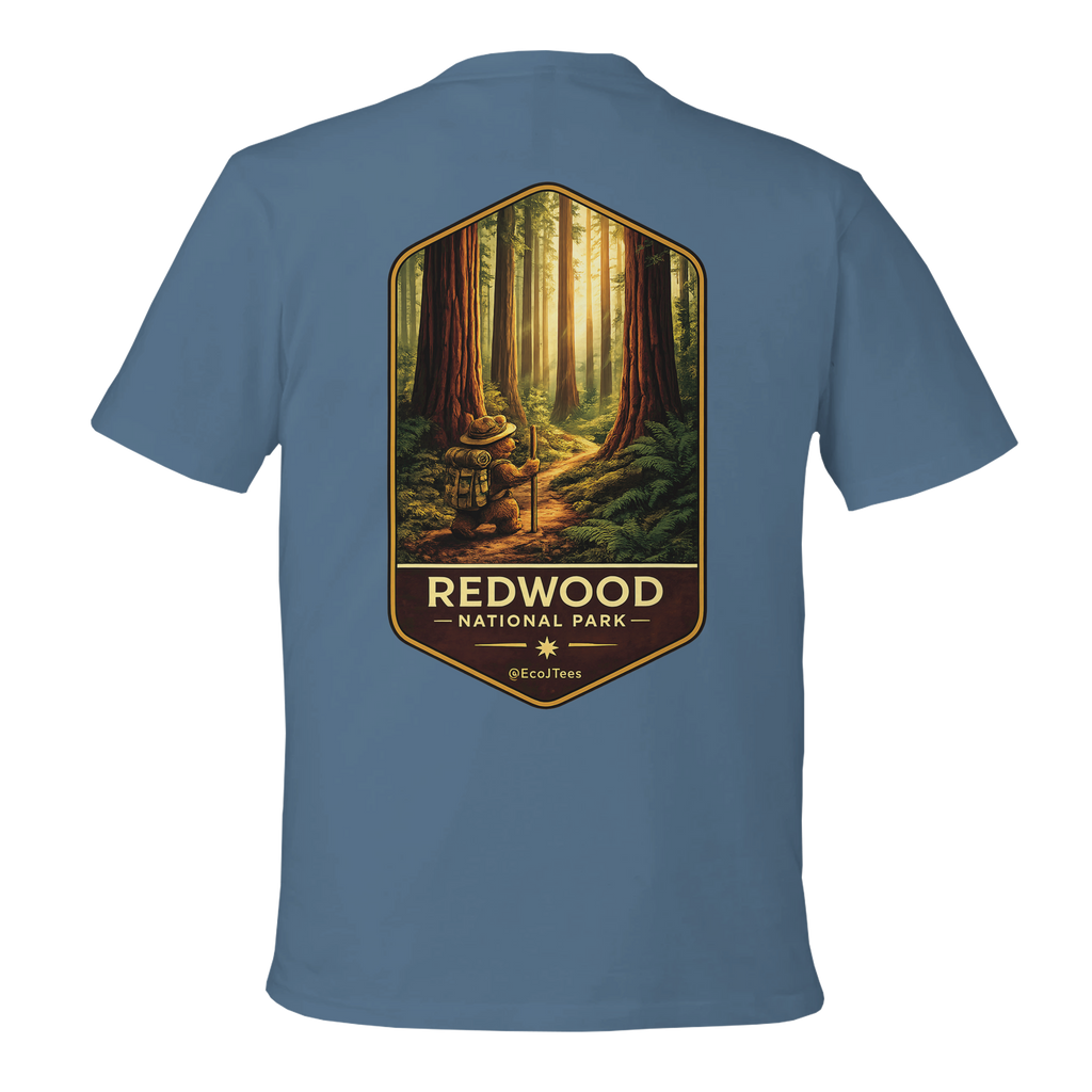 Light Blue t-shirt with Redwood National Park graphic on the back