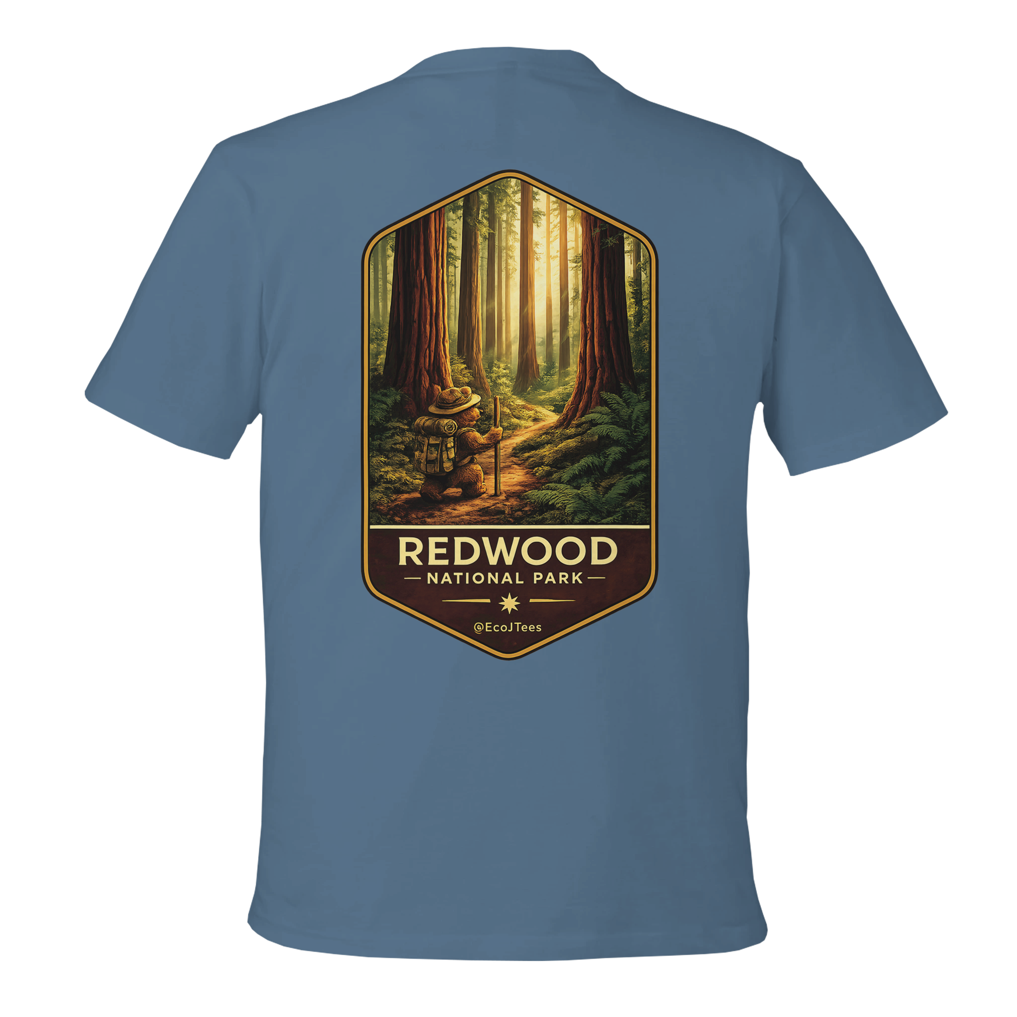 Light Blue t-shirt with Redwood National Park graphic on the back