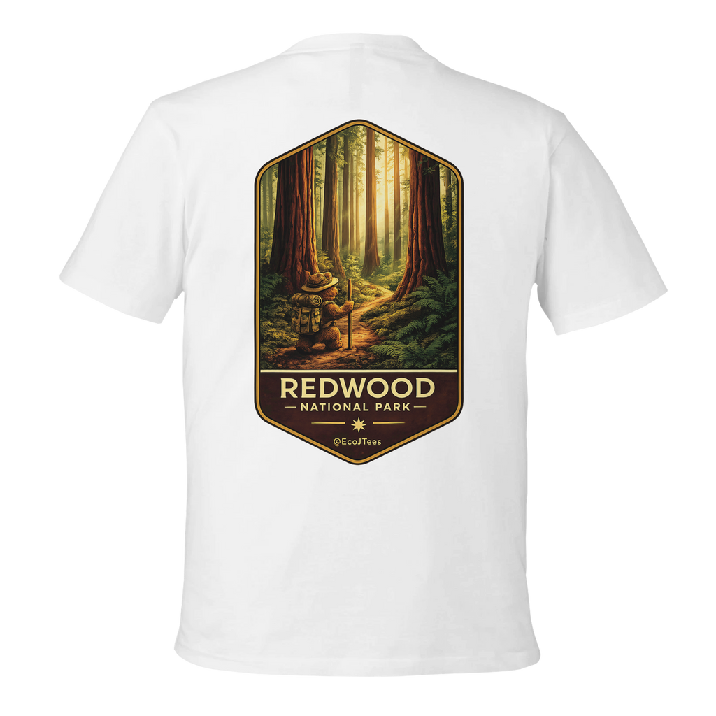 White t-shirt with Redwood National Park graphic on a white background