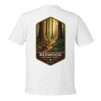 White t-shirt with Redwood National Park graphic on a white background